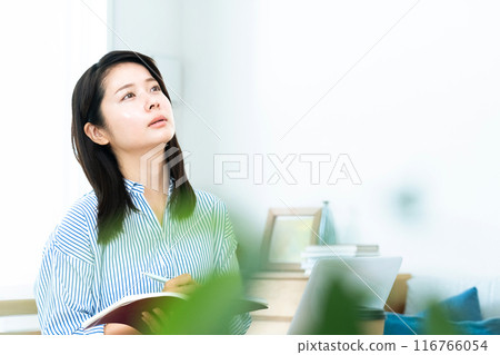 Young woman working on computer in living room 116766054