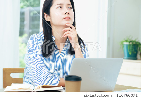 Young woman working on computer in living room 116766071