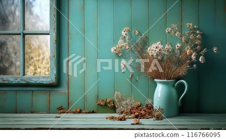 天然室內古董盆中的乾燥花，配有綠色壁紙 116766095