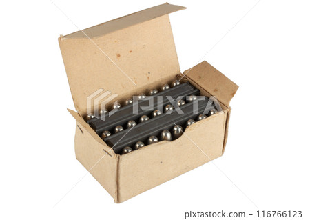Vintage retro ammunition in a cardboard box. Vintage retro ammunition in a cardboard box. 116766123