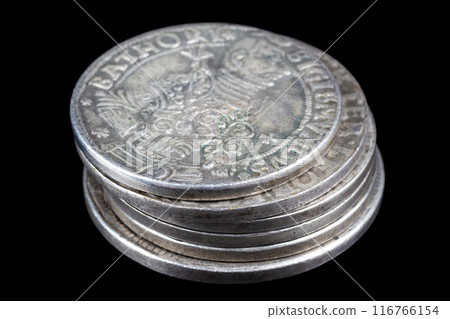 Stack of old vintage silver medieval taller coins 116766154