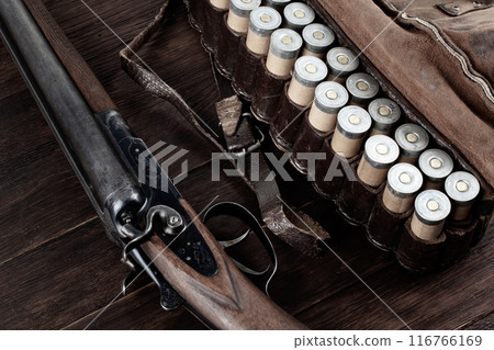 double barreled side shotgun with cartridges in bandolier. double barreled side shotgun with cartridges in bandolier. 116766169