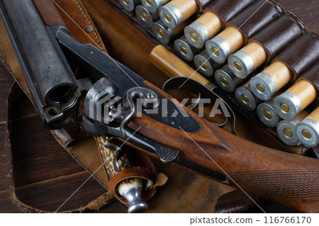double barreled side shotgun with cartridges in bandolier. 116766170