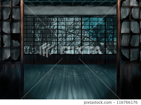 Abandoned Japanese house with shoji screens on the floor reflecting the full moon 116766176