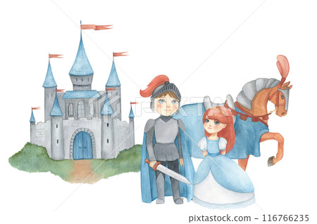 Watercolor illustration of a fantasy prince in blue and gray armor with sword and princess in blue dress, castle. Medieval illustration isolated. For children's room decor, poster, invitation 116766235