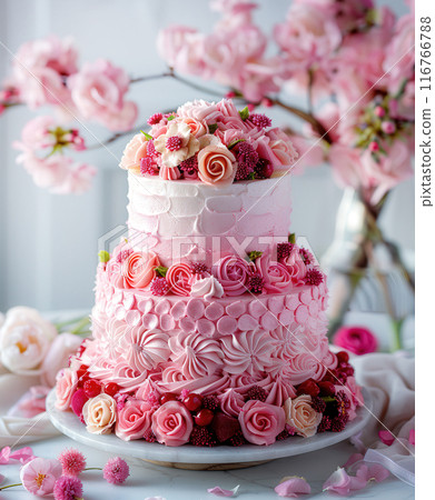 Luxury vibrant monochrome pastel pink wedding cake, wedding celebrations, catering. Romantic design 116766788
