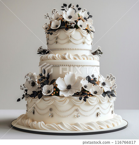 Luxury three tiered wedding cake, elegantly decorated white frosting minimalist floral accents 116766817