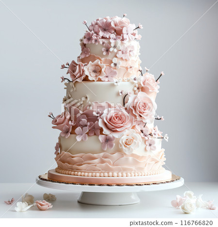 Luxury three tiered wedding cake, elegantly decorated white frosting minimalist floral accents 116766820