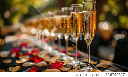 Rows champagne sparkling wine glasses and rose petals, outdoor wedding venue nature background Rows champagne sparkling wine glasses and rose petals, outdoor wedding venue nature background 116766827