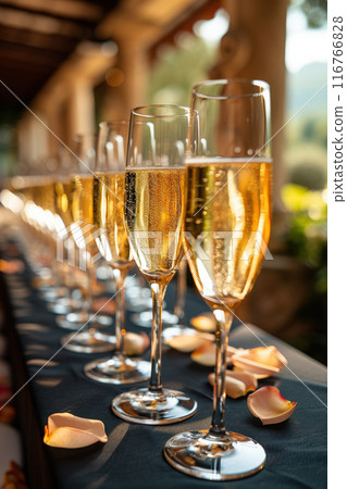 Rows champagne sparkling wine glasses and rose petals, outdoor wedding venue nature background 116766828