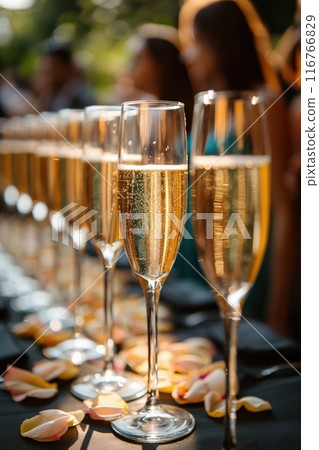 Rows champagne sparkling wine glasses and rose petals, outdoor wedding venue nature background Rows champagne sparkling wine glasses and rose petals, outdoor wedding venue nature background 116766829