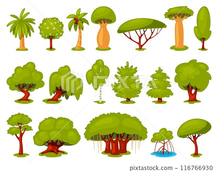 Cartoon deciduous and coniferous trees. Stylized forest botany, different plant species, natural elements of game landscape, park decorative objects, woodland season vector flat isolated set 116766930