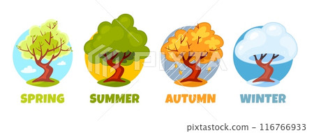 Cartoon tree in four seasons. Natural changes from summer to winter, plant blooms, sheds its leaves and is covered with snow. Warn spring, hot summer. Winter and autumn vector isolated concept 116766933