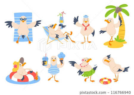 Cute seagull character. Cartoon travel agency mascot, marine bird, summer beach holidays, different actions, poses and emotions, palm tree and swimming in sea, vector isolated set 116766940