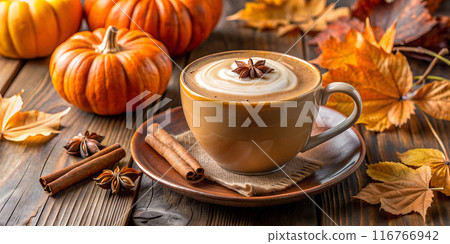 Pumpkin Spice Latte with Autumn Decor 116766942
