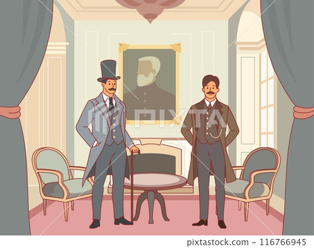 Gentlemen in living room. Vintage interior, elegantly dressed men, aristocrats in retro clothes, victorian people with moustaches, 19th century male characters, cartoon flat vector concept 116766945