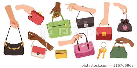 Women hands hold fashionable handbags. Trendy female leather and textile accessories, wallets, purses and casual bags, hobo, trendy clutch, cartoon flat style isolated tidy vector set Women hands hold fashionable handbags. Trendy female leather and textile accessories, wallets, purses and casual bags, hobo, trendy clutch, cartoon flat style isolated tidy vector set 116766962
