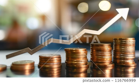 Growing Stacks of Coins with Rising Arrow. Growing Stacks of Coins with Rising Arrow. 116766999