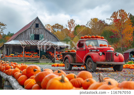 Harvest autumn, red car decorated with pumpkins and fall decor parked in front of beautiful farm 116767050