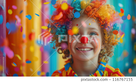 Portrait kids dressed clowns curly wigs red noses playing throwing confetti brightly colored 116767155