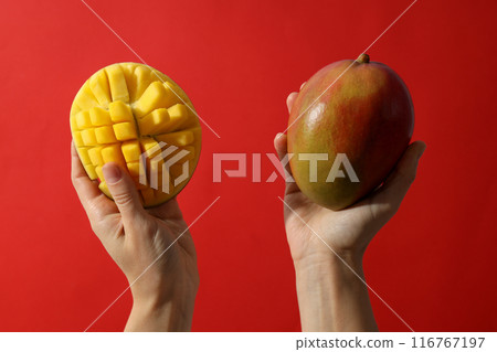 Ripe delicious mango on a red background 116767197