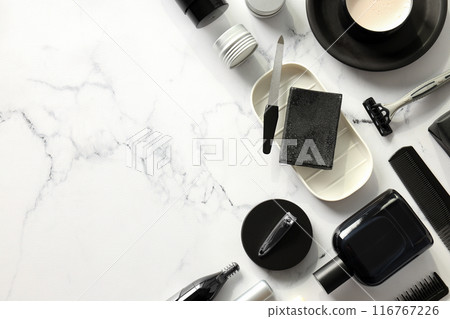 Men's shaving tools on white marble background, space for text Men's shaving tools on white marble background, space for text 116767226