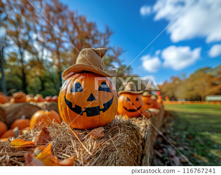 Harvest autumn, Halloween, farm pumpkins, hay bales jack-o-lantern scarecrows created fall holiday 116767241