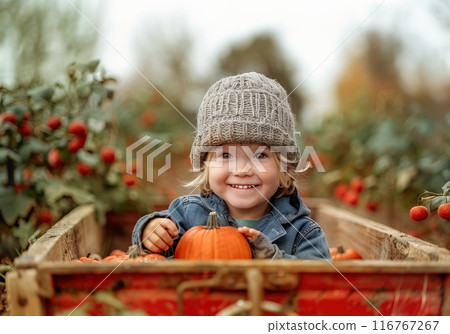 Child boy sitting on pumpkins in pumpkin patch next red cart. Clear blue sky autumn landscape Child boy sitting on pumpkins in pumpkin patch next red cart. Clear blue sky autumn landscape 116767267