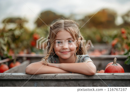 Child girl sitting on pumpkins in pumpkin patch next red cart. Clear blue sky autumn landscape 116767287