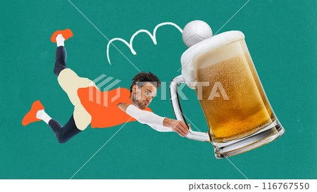 Poster. Contemporary art collage. Volleyball player jumps in motion to catch mug of cold, refreshing beer instead of ball. Funky artwork. Poster. Contemporary art collage. Volleyball player jumps in motion to catch mug of cold, refreshing beer instead of ball. Funky artwork. 116767550