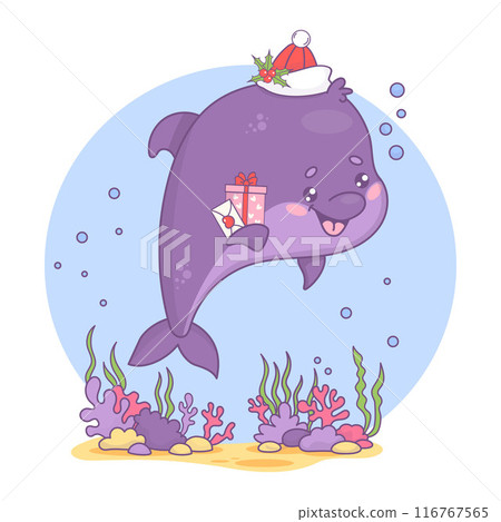 Cute Christmas dolphin in Santa hat with gift and letter. Underwater world with seaweed and holiday cartoon kawaii character animal. Vector illustration. Kids collection. Cute Christmas dolphin in Santa hat with gift and letter. Underwater world with seaweed and holiday cartoon kawaii character animal. Vector illustration. Kids collection. 116767565