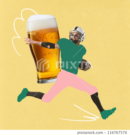 Poster. Contemporary art collage. Competitive American football player running with huge glass of light, foaming beer and ball. Funky artwork. Poster. Contemporary art collage. Competitive American football player running with huge glass of light, foaming beer and ball. Funky artwork. 116767578