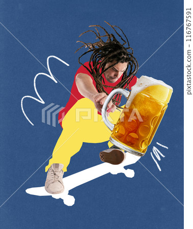 Poster. Contemporary art collage. Young man, skateboarder doing Ollie trick in motion holding glass of cold, craft beer. Funky artwork. Poster. Contemporary art collage. Young man, skateboarder doing Ollie trick in motion holding glass of cold, craft beer. Funky artwork. 116767591