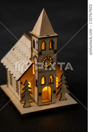 Toy church. Wooden chapel. Building model. 116767603