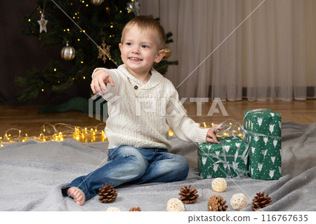 Cheerful little boy near Christmas tree at home Cheerful little boy near Christmas tree at home 116767635