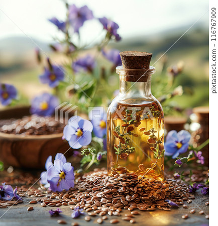 Bottle flaxseed oil in foreground, flax seeds and flowers scattered around, blurred countryside 116767909