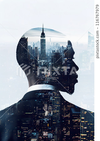 Double Exposure of Successful Businessman with City Skyline Background. Double Exposure of Successful Businessman with City Skyline Background. 116767979