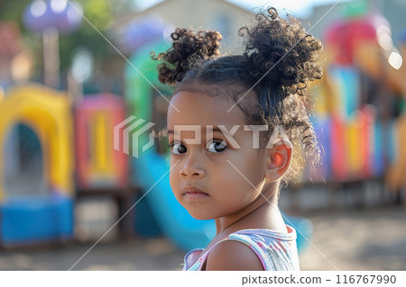 Adorable Black Girl Playing at Vibrant Schoolyard Playground. 116767990