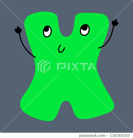 Doodle style colorful alphabet, uppercase letter X with cute faces and hands 116768103
