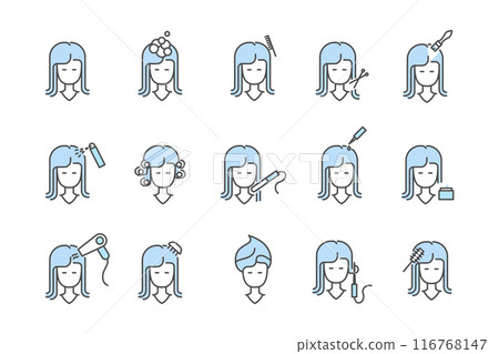 Haircuts and Hairstyles Sign Color Thin Line Icon Set. Vector illustration of Professional Styling Salon Service Icons 116768147