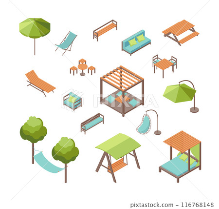Cartoon Color Garden Furniture Set 3d Isometric View Include of Umbrella, Swing, Awning, Wooden and Plastic Tables. Vector illustration Cartoon Color Garden Furniture Set 3d Isometric View Include of Umbrella, Swing, Awning, Wooden and Plastic Tables. Vector illustration 116768148