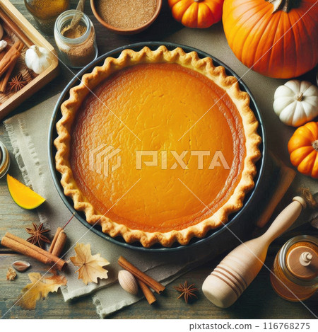 Whole homemade traditional American pumpkin pie on a wooden background Whole homemade traditional American pumpkin pie on a wooden background 116768275
