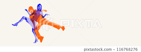 Vibrant blend of classical and contemporary dance, featuring two dancers in energetic poses. Contemporary art collage. Vibrant blend of classical and contemporary dance, featuring two dancers in energetic poses. Contemporary art collage. 116768276