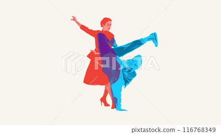 Captivating blend of classical and modern dance, featuring graceful woman and male breakdancer in dynamic motion. Contemporary art collage. Captivating blend of classical and modern dance, featuring graceful woman and male breakdancer in dynamic motion. Contemporary art collage. 116768349