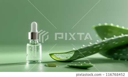 Aloe skin care concept dropper bottle, extract, aloe leaves background, aloe gel, green background 116768452