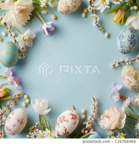 Happy Easter. Frame composition spring flowers Easter eggs. Easter background copy space. Flat lay 116768468