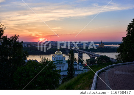 Evening view of Annunciation Monastery, Kanavinsky Bridge and Alexander Nevsky Cathedrall, Nizhny Novgorod, Russia 116768487