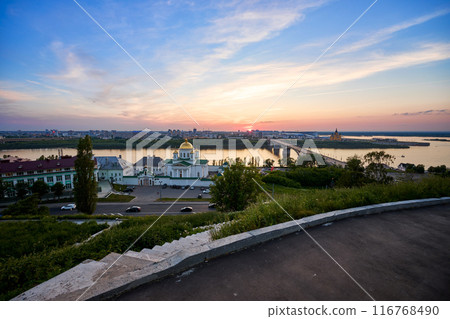 Evening view of Annunciation Monastery, Kanavinsky Bridge and Alexander Nevsky Cathedrall, Nizhny Novgorod, Russia 116768490