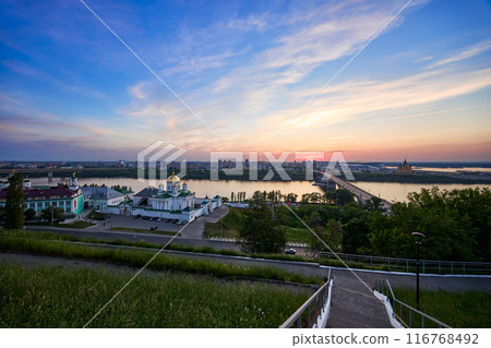 Evening view of Annunciation Monastery, Kanavinsky Bridge and Alexander Nevsky Cathedrall, Nizhny Novgorod, Russia 116768492