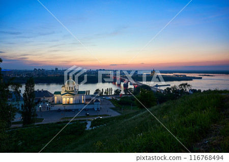 Evening view of Annunciation Monastery, Kanavinsky Bridge and Alexander Nevsky Cathedrall, Nizhny Novgorod, Russia 116768494